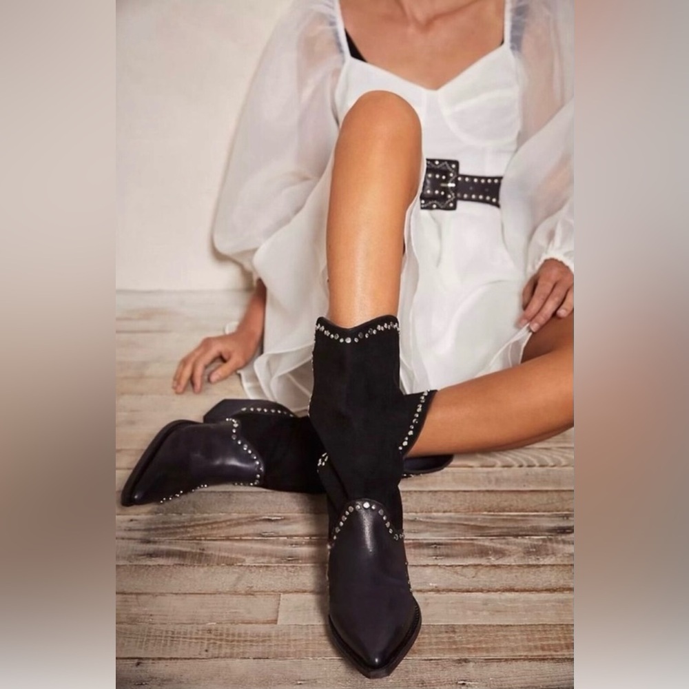 Free People Black Heeled Boots with Silver Accents NWOT